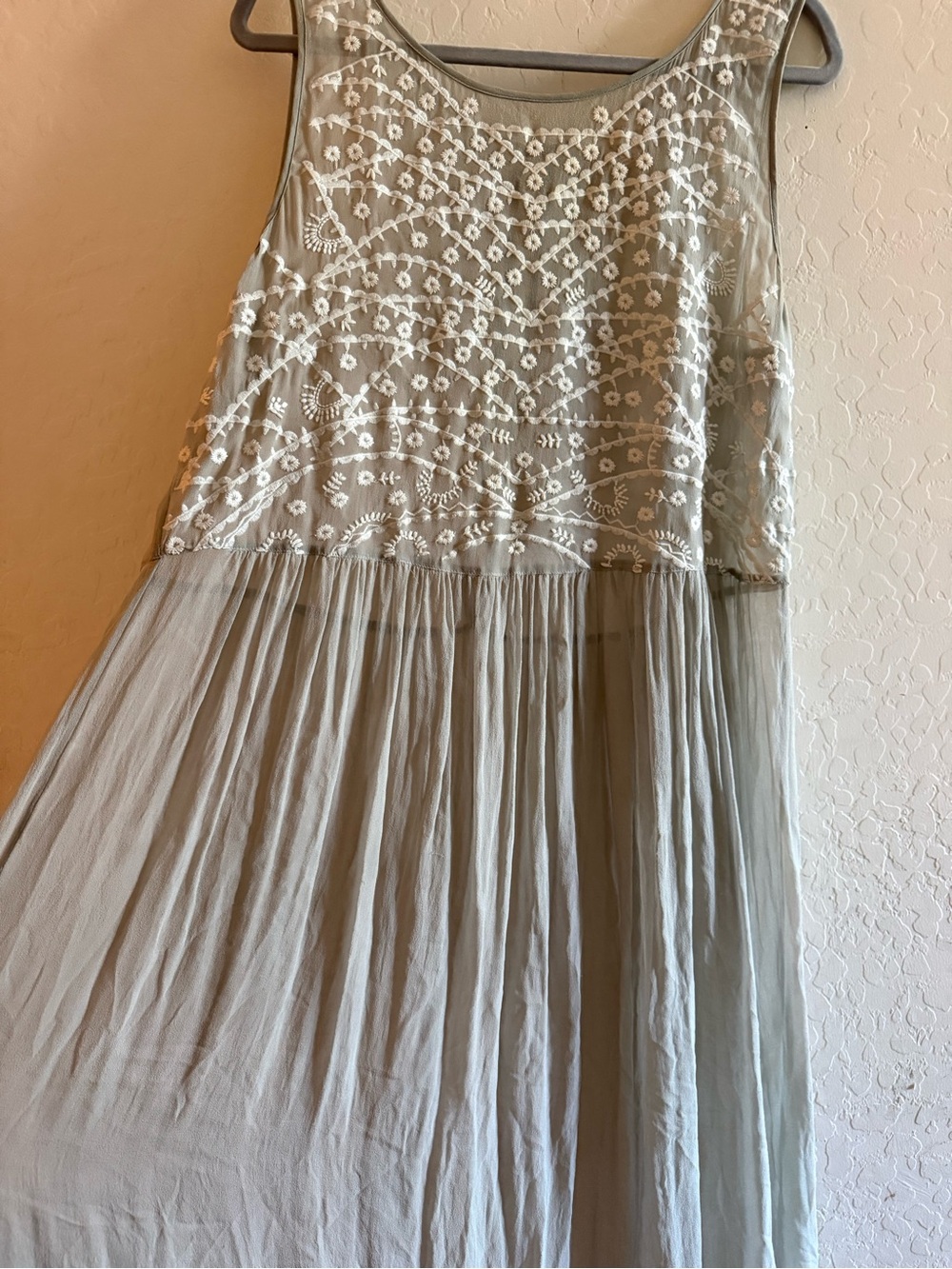Sundance, XL, sheer light sage green maxi dress with embroidery
